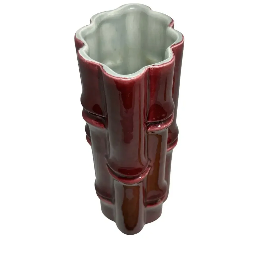 Red Wing USA Burgundy Bamboo Ceramic 7.5” Tall Vase #400 Light Grey interior VTG